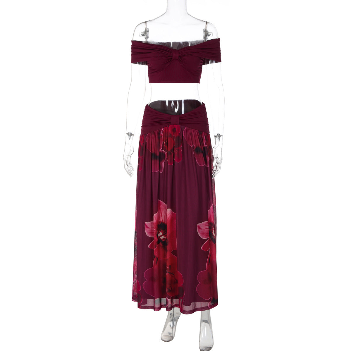 Women off Neck Peplum Top Floral Print Maxi Dress Casual Faux Two Piece Sets