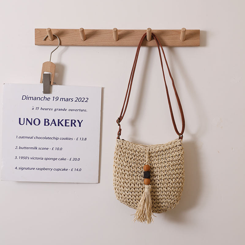 Woven Straw Crossbody Bag with Wooden Bead and Tassel Detail - Image 3