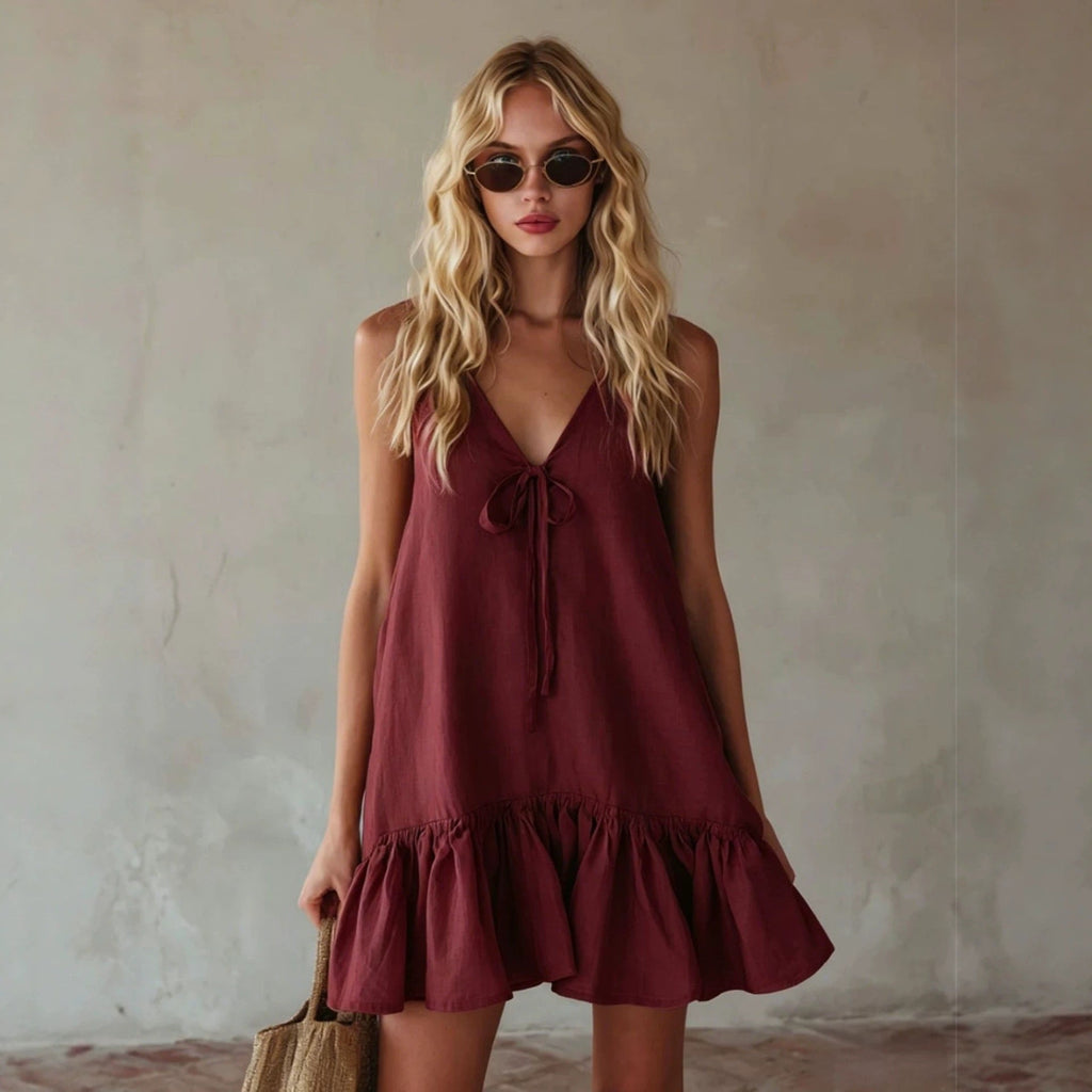 Summer Retro Vacation V neck Sleeveless Ruffled Loose Dress
