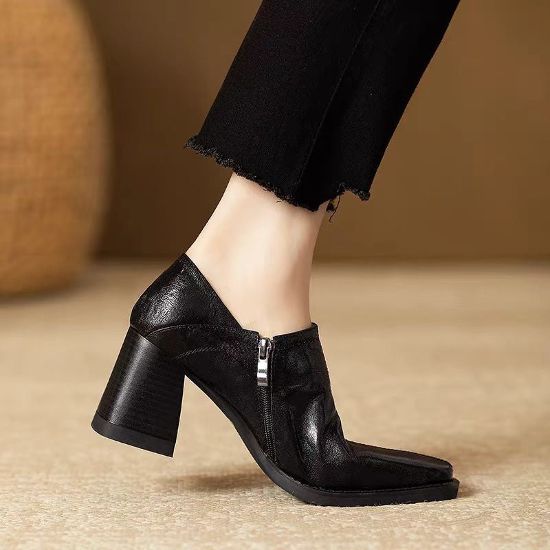 Women’s Dark Brown Chunky-Heel Ankle Boots with Side Zipper