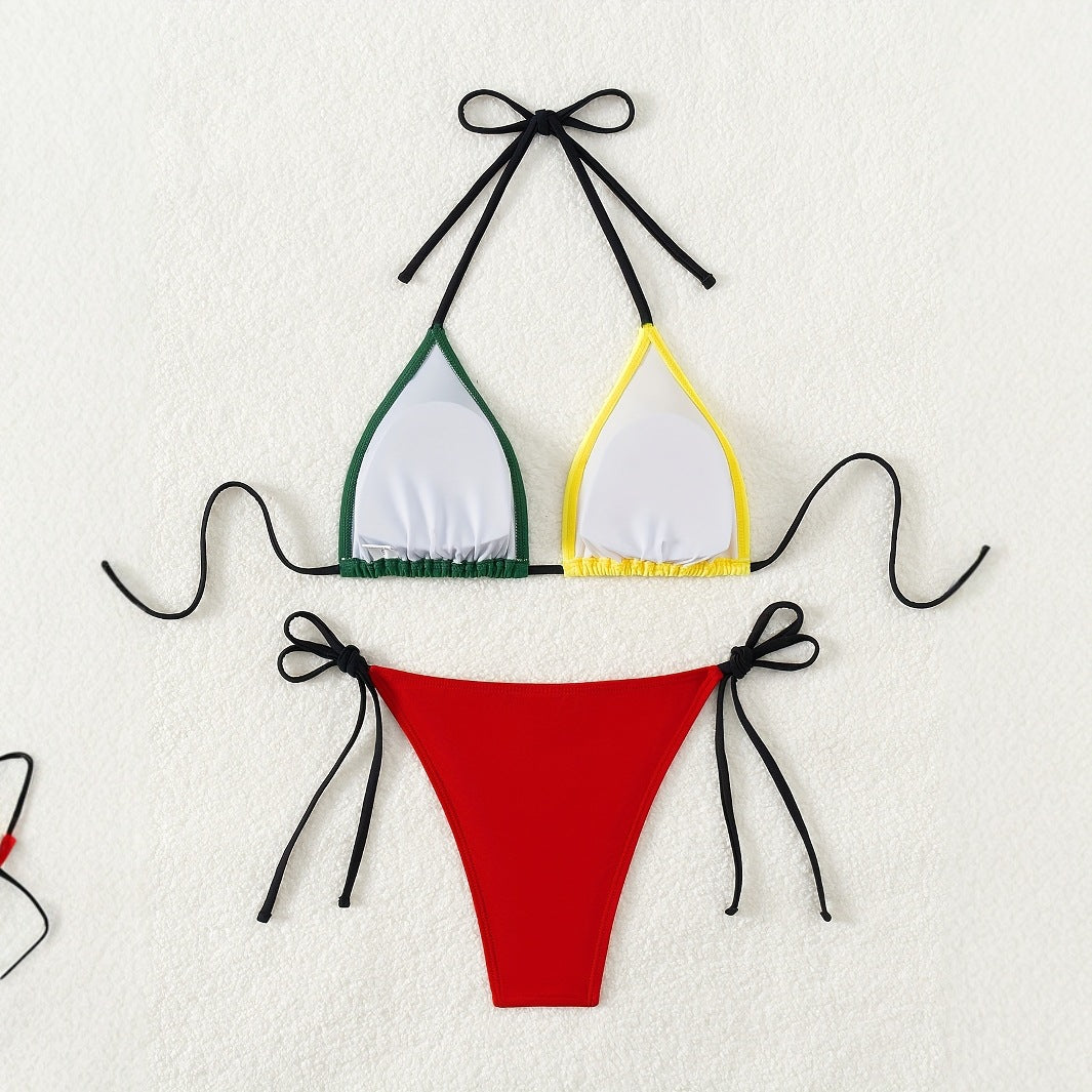Color Block Halter Bikini Set in Yellow, Green, Red, and Black