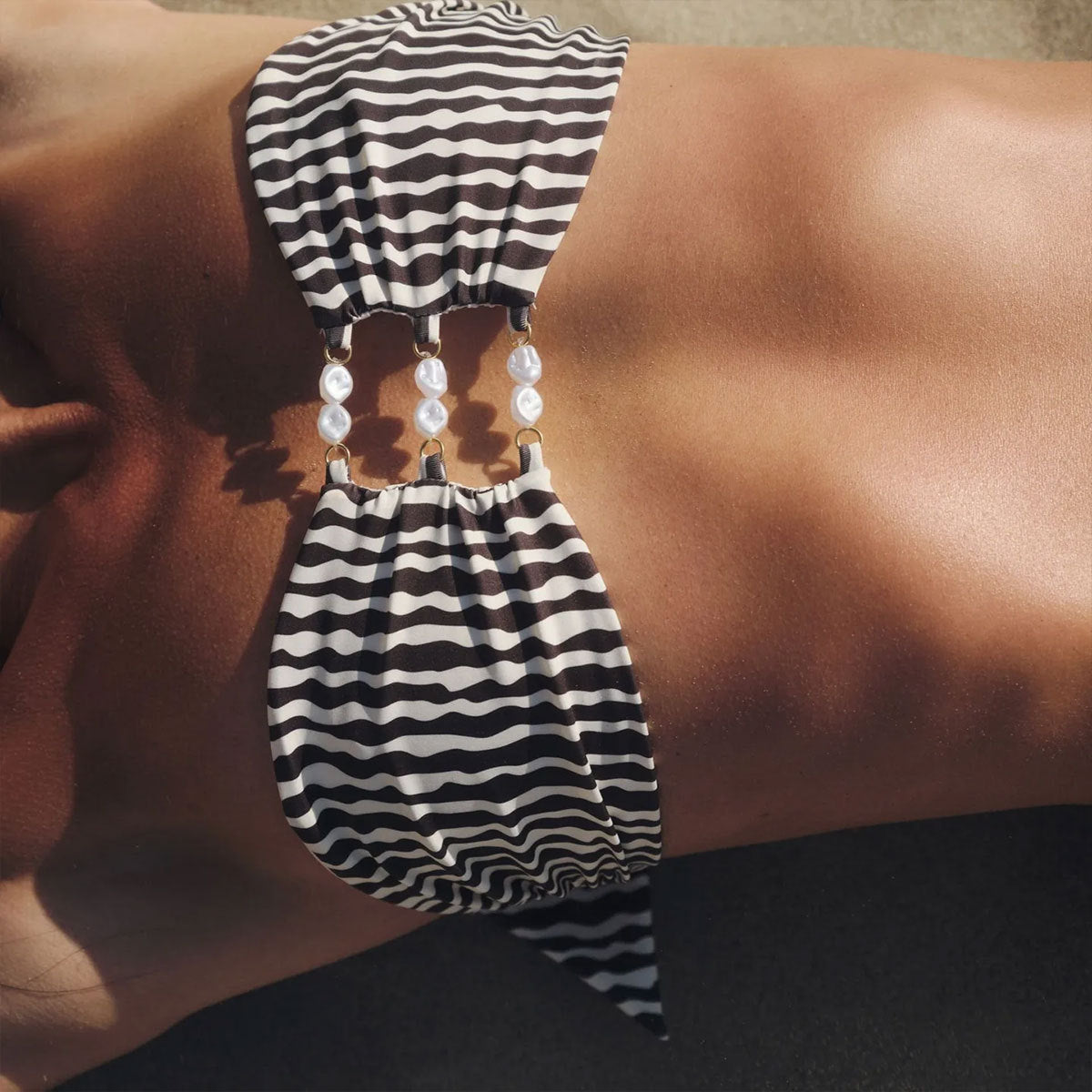 Black and White Striped Cutout Tube Top Split Bikini Set