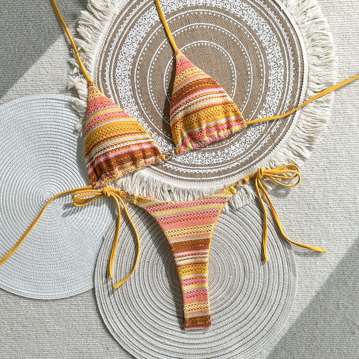 Striped Contrast Color Halter Bikini Set for Beach Vacation