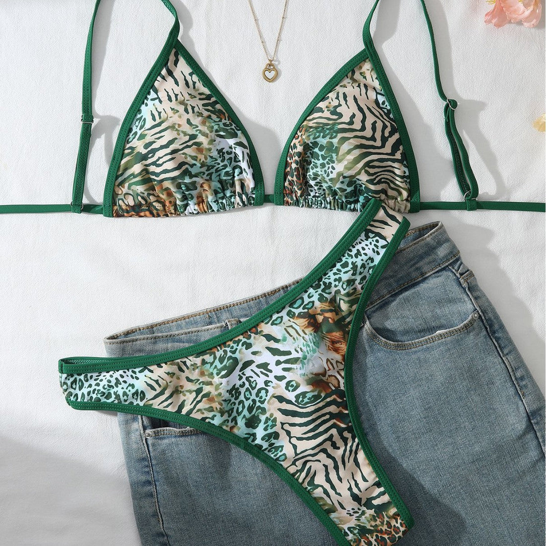 Green leopard print two-piece bikini with tie details and regular straps