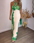 Women Clothing Summer Halter Sexy Color Block Vacation Beach Long Printed Dress