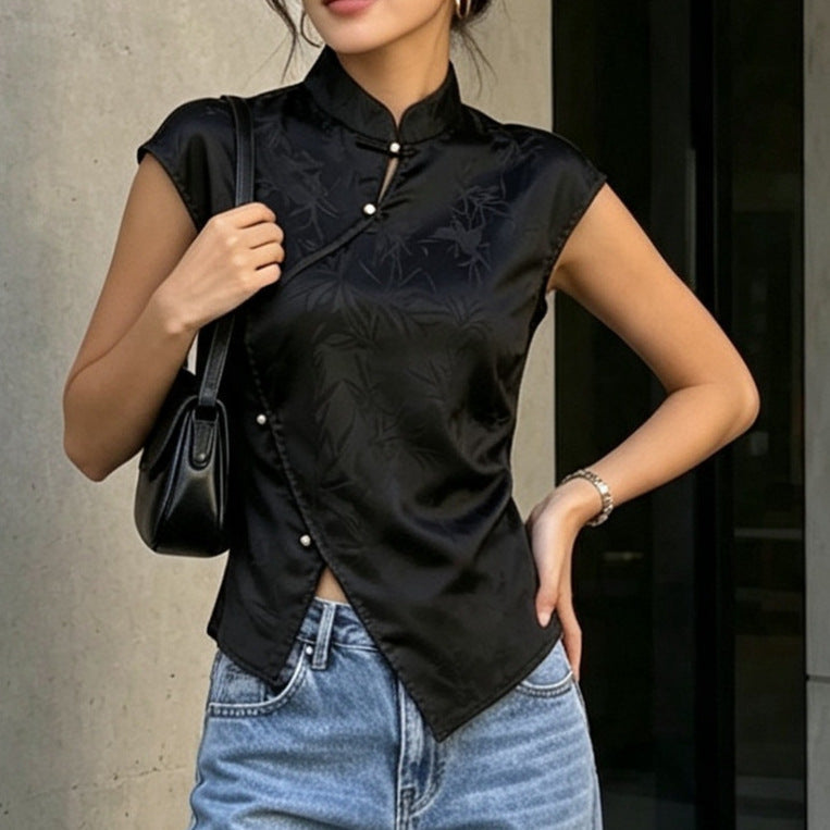 Black Jacquard Sleeveless Vest Top Stand up Collar Slanting Jin Imitation Pearl Buckle Furcal Lower Hem National Shirt Women