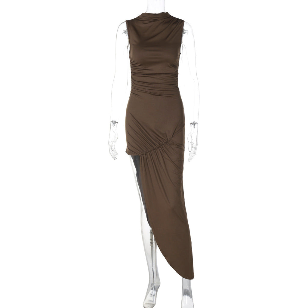 Summer Personality Slim Fit Pleated Sheath Side Slit Sleeveless Dress Women