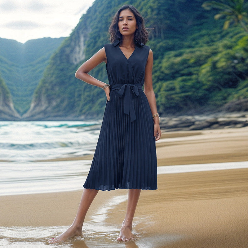 Summer Dress Sleeveless Solid Color Beach Dress
