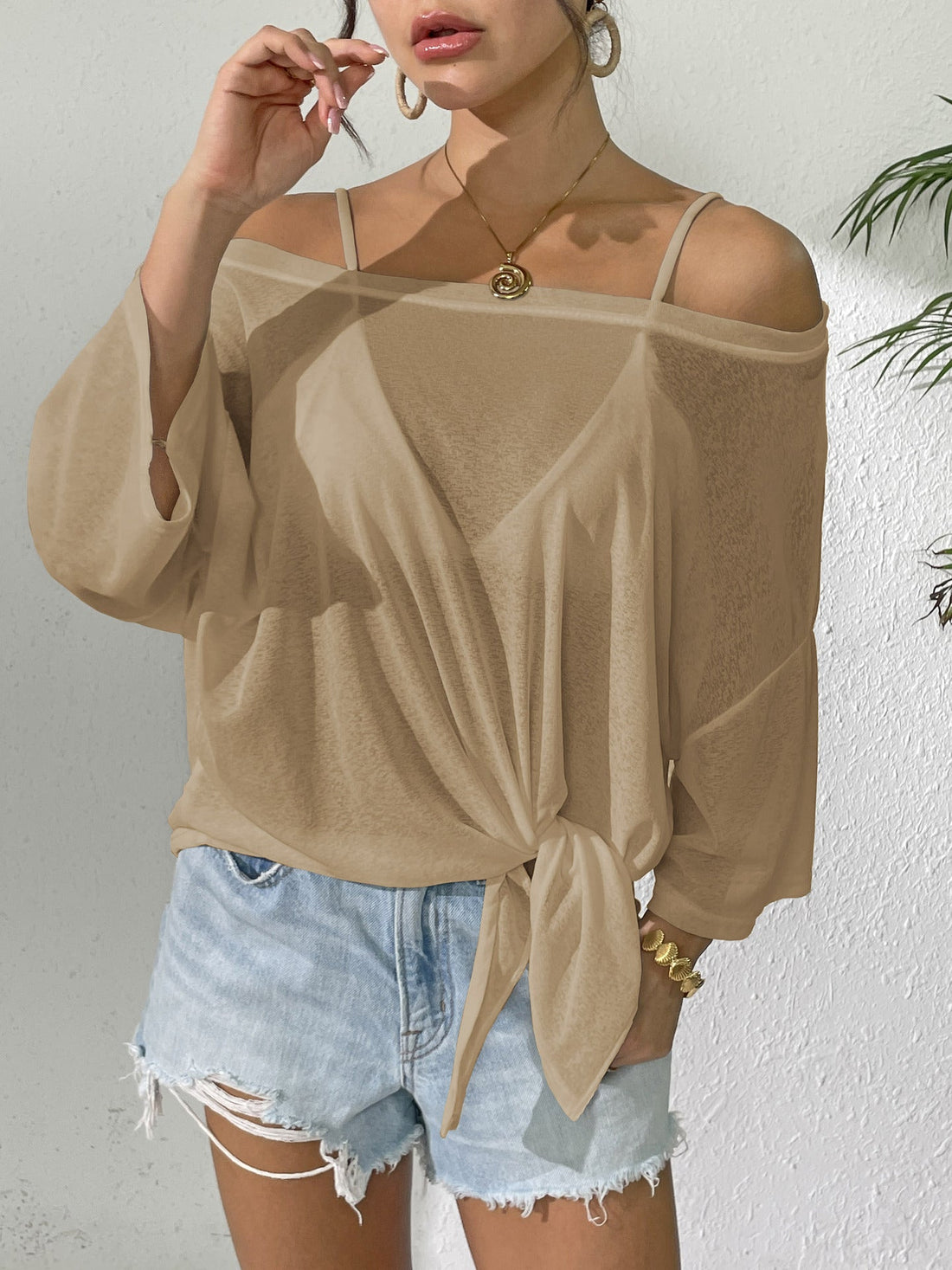 Off-Shoulder Boho Beach Cover-Up: Lightweight Knit Tie-Front Top