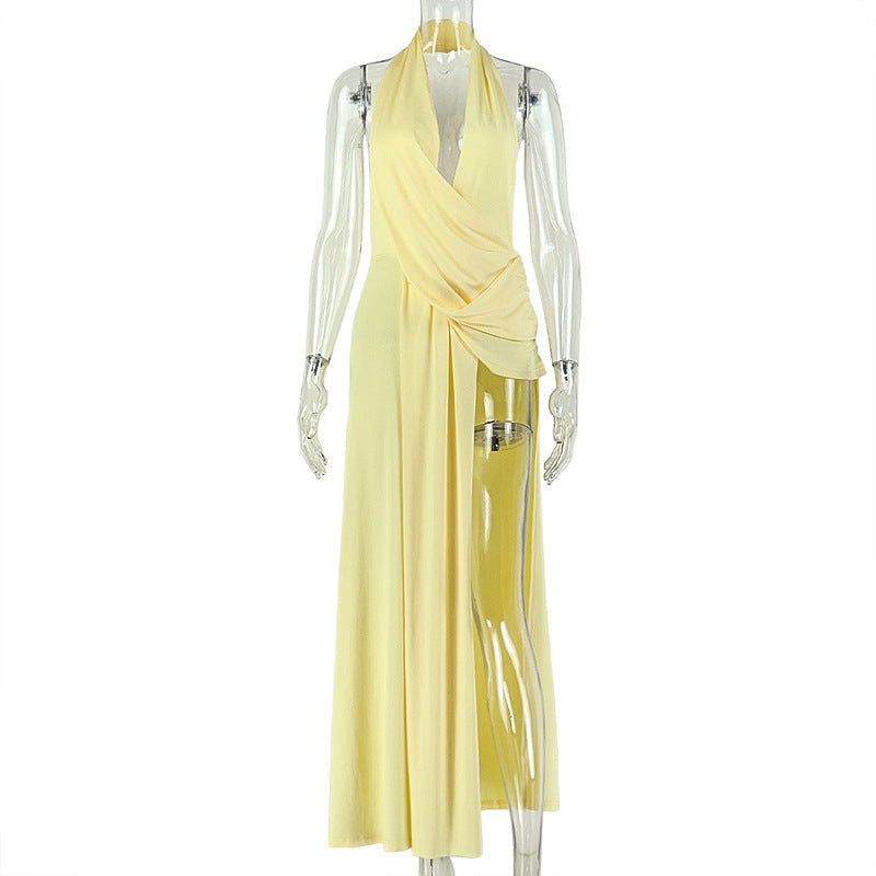 Backless Halter Pleated Mini Dress with Sexy Split Asymmetric Hem