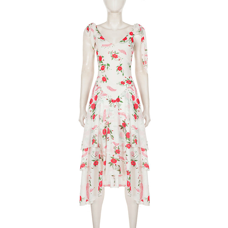 French Elegant Romantic Floral Print Lace up Dress Summer Vacation Irregular Asymmetric Ruffled Dress
