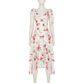French Elegant Romantic Floral Print Lace up Dress Summer Vacation Irregular Asymmetric Ruffled Dress