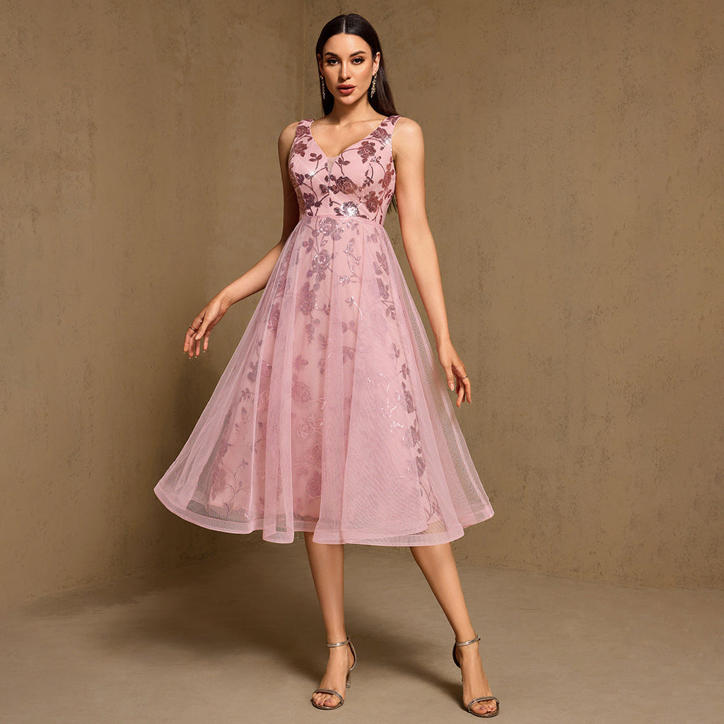 Summer Double V neck Sequ Mesh Layer Full Lining Sweet Mid Length Evening Dress Party Dress