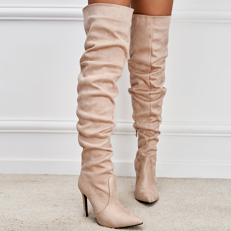 Pointed-Toe Suede Stiletto Boots with High Zipper — European / American Chic