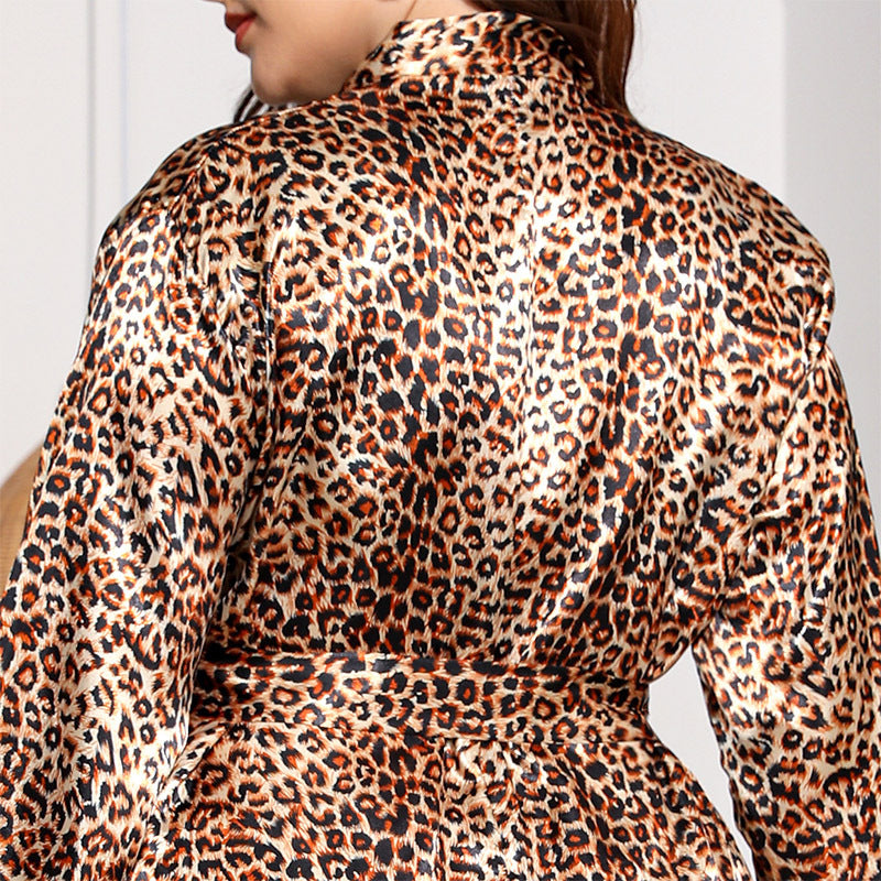 Women Leopard Print Silk-Feel Midi Robe with Belted Waist - Image 4