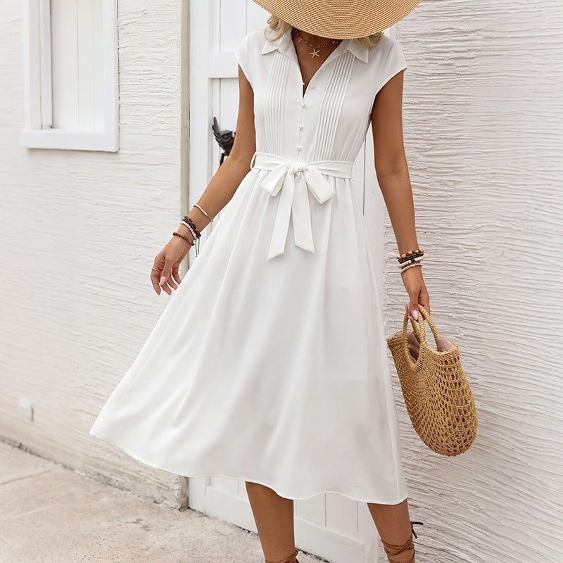 Simple Office White Collared Waist Trimming Shirt Dress