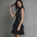 Dress Sexy Sleeveless Faux Leather Stitching Dress Elegant Double Layer Pleated Ruffled Dress