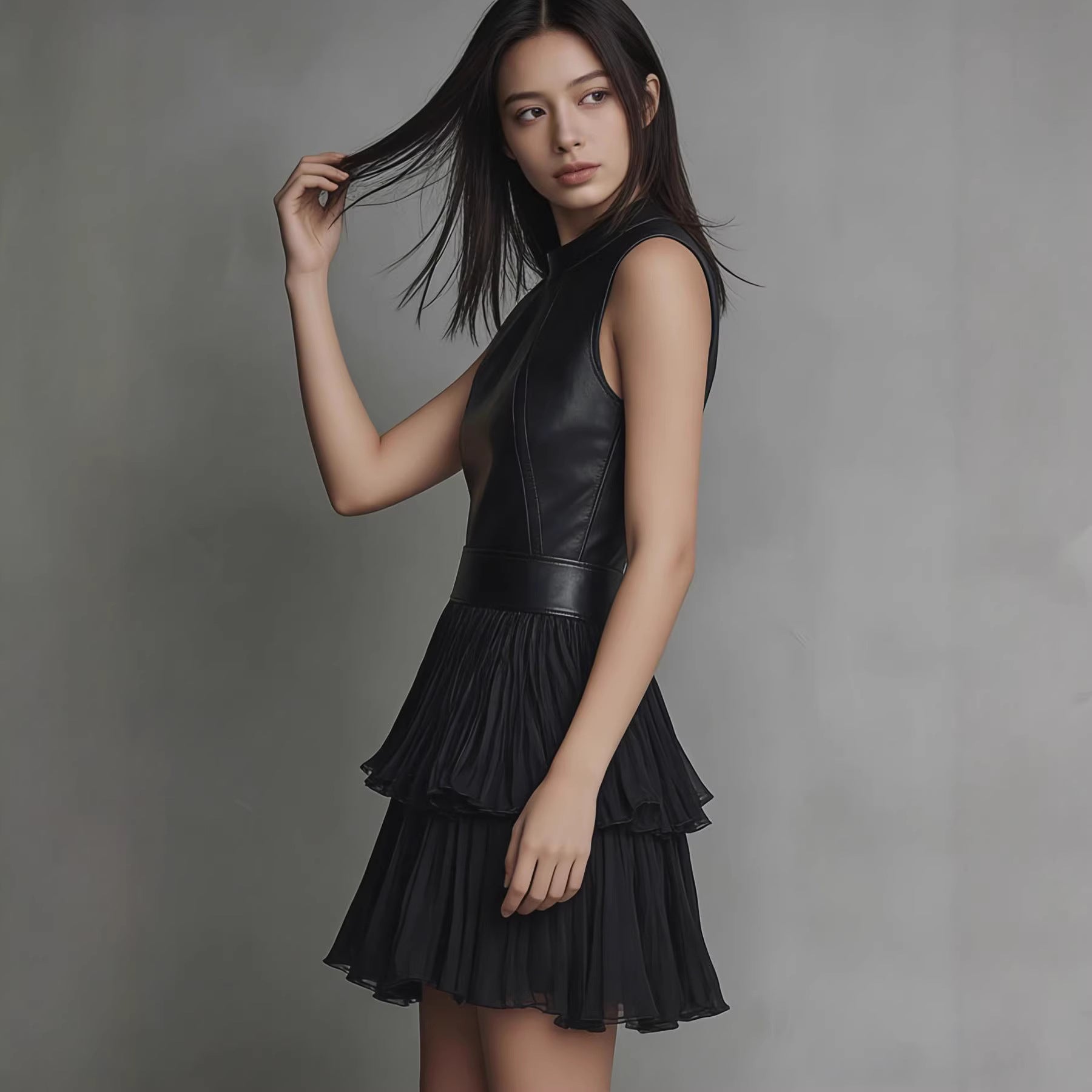 Dress Sexy Sleeveless Faux Leather Stitching Dress Elegant Double Layer Pleated Ruffled Dress