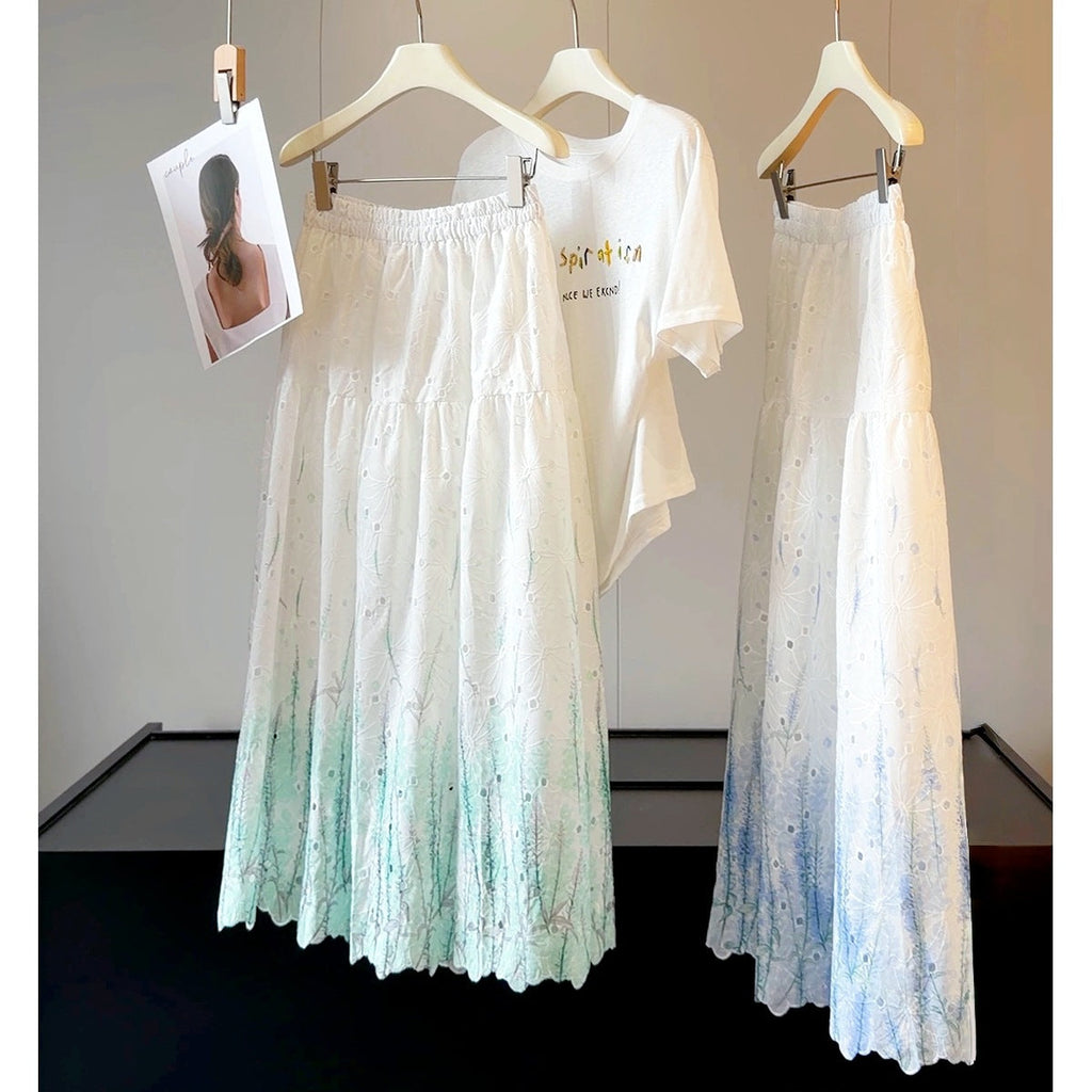 Gentle Gradient Color Embroidered Skirt Women Summer Elastic High Waist Hollow Out Cutout out Floral Stitching Cake Swing Skirt
