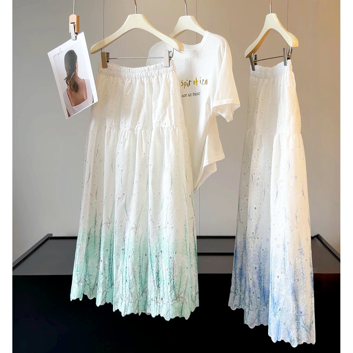 Gentle Gradient Color Embroidered Skirt Women Summer Elastic High Waist Hollow Out Cutout out Floral Stitching Cake Swing Skirt