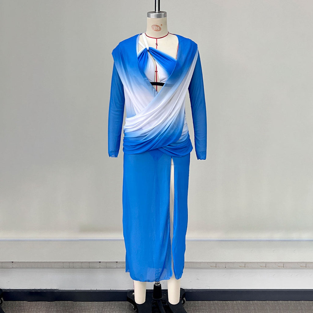 Gradient Blue Ombre Cutout Bikini and Maxi Cover Up Set