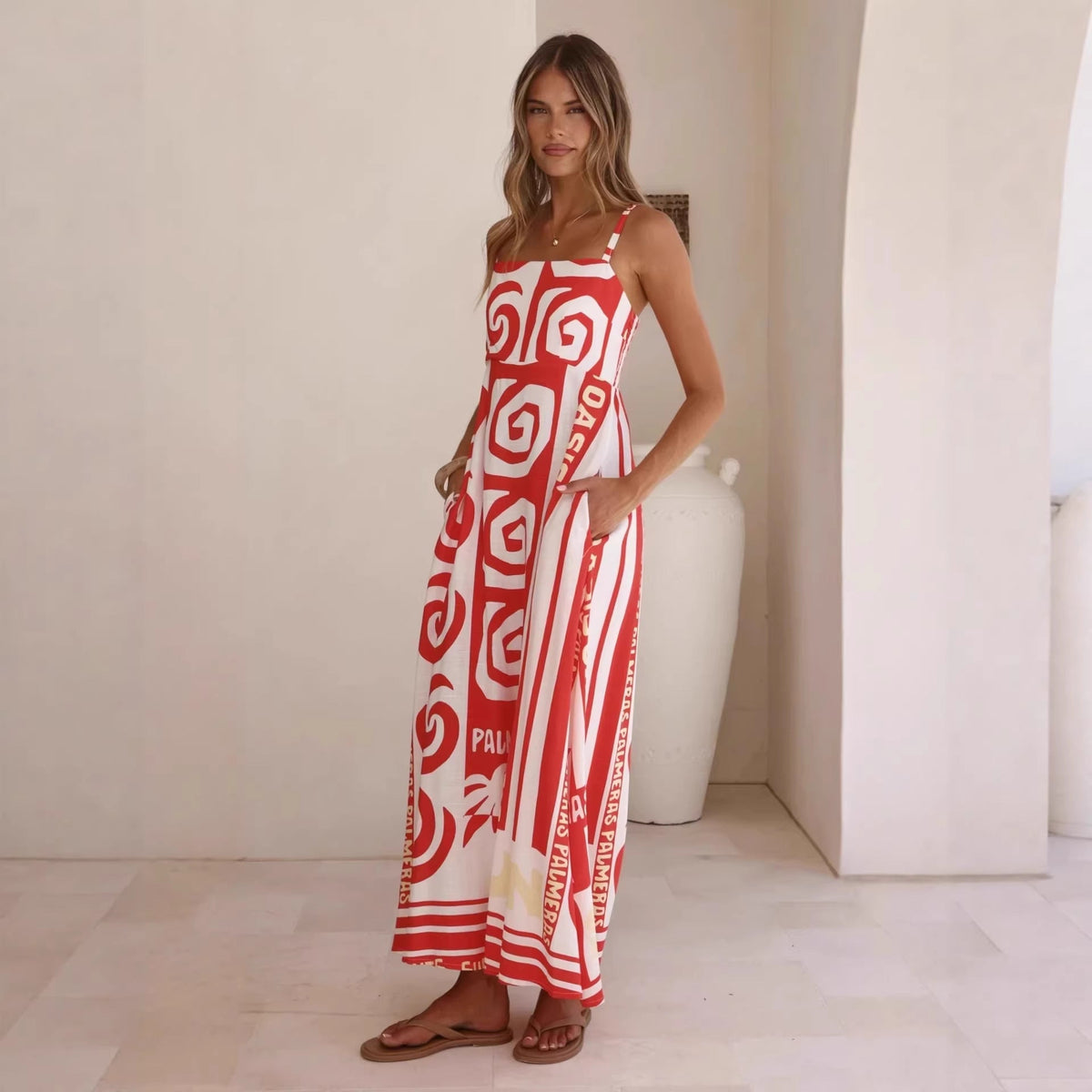 Summer Geometric Abstract Print Vacation Large Swing Cami Dress Women Dress