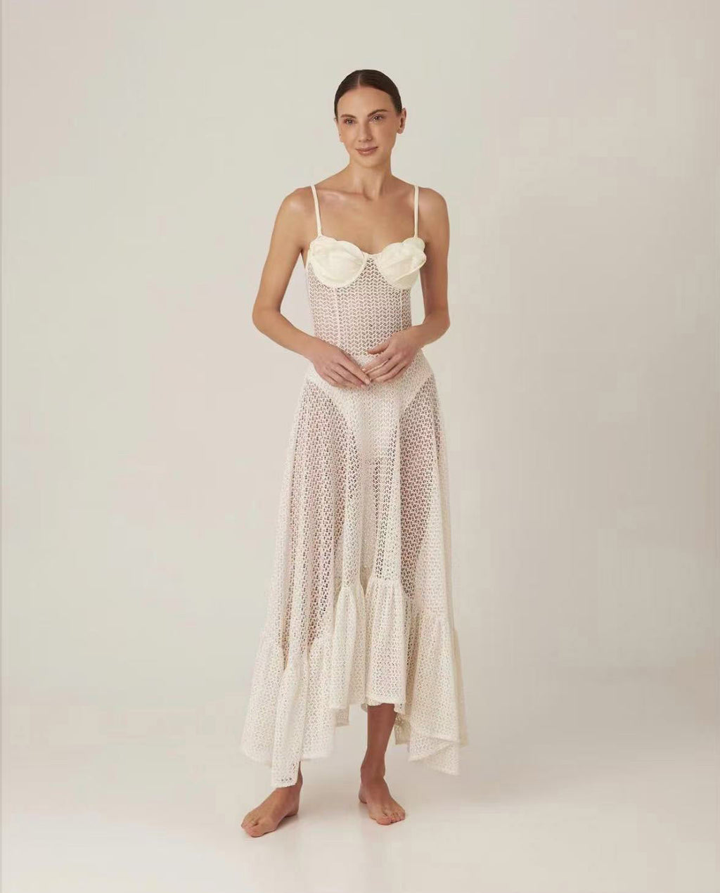 Spring Summer Design Floral Lace Large a Swing Transparent Sling Dress