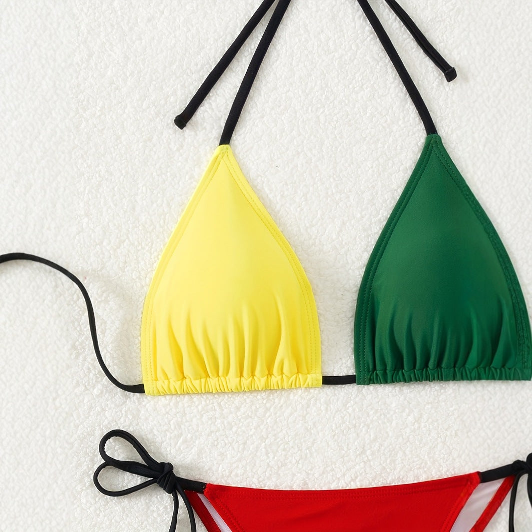 Color Block Halter Bikini Set in Yellow, Green, Red, and Black
