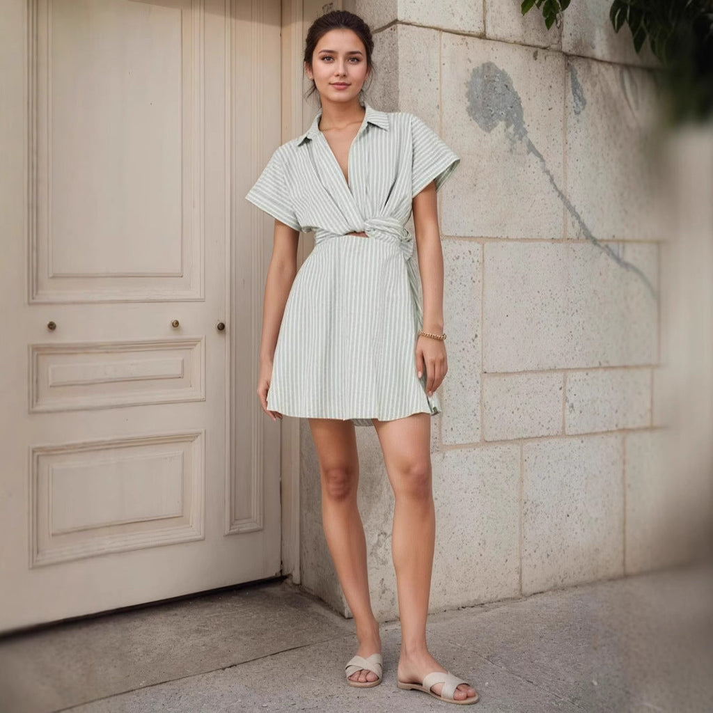 Holiday Striped Lace up Dress Polo Collar Casual Short Sleeve Cross Hollow Out Cutout Short Dress