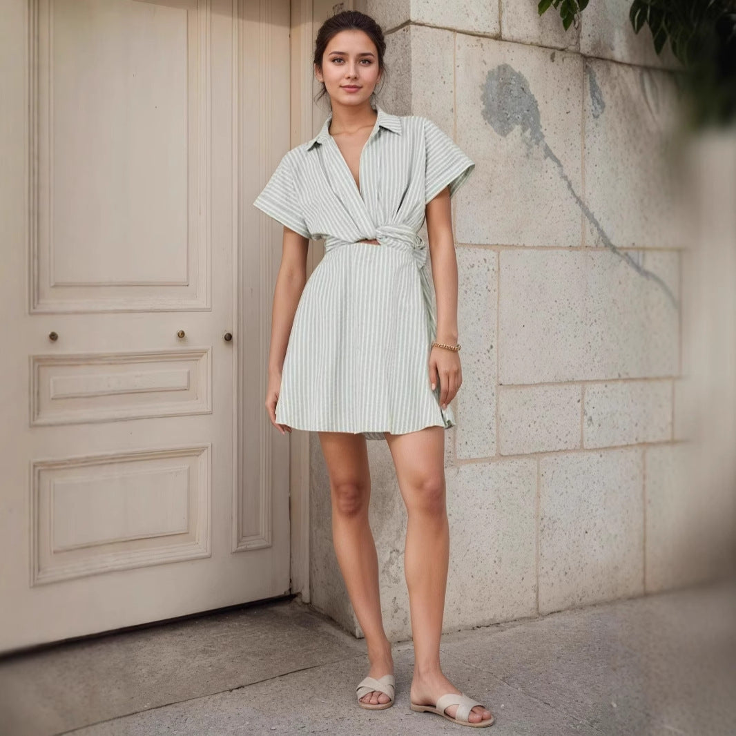 Holiday Striped Lace up Dress Polo Collar Casual Short Sleeve Cross Hollow Out Cutout Short Dress