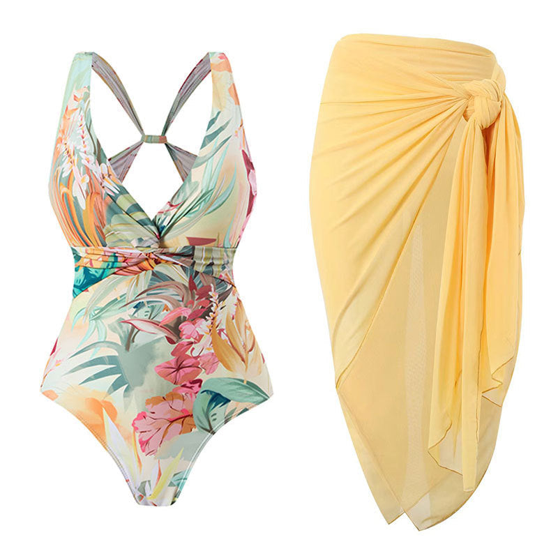 One Piece Swimsuit Women Conservatively Thin Vintage Printed Hard Bag Swimsuit with Steel Bracket Tulle Skirt