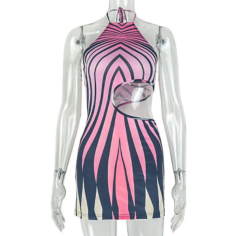 Wrapped Chest Women Color Matching Halter Hip Dress Cropped Diagonal Collar Asymmetric Summer Short Dress