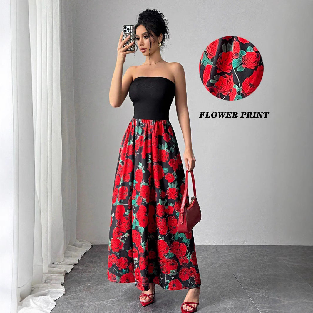 Spring Summer Elegant Lady Rose Print Short Stitching Bandeau Sexy Maxi Dress