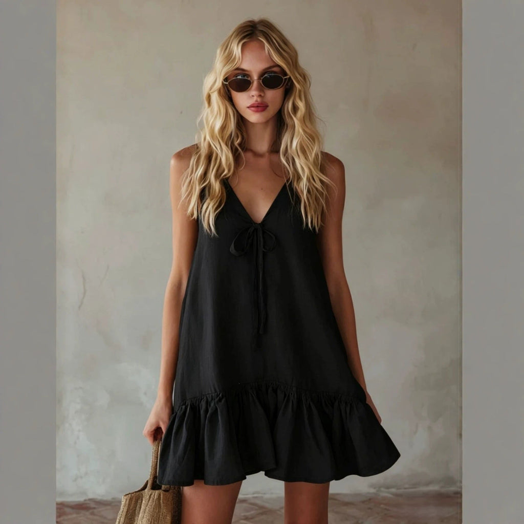 Summer Retro Vacation V neck Sleeveless Ruffled Loose Dress