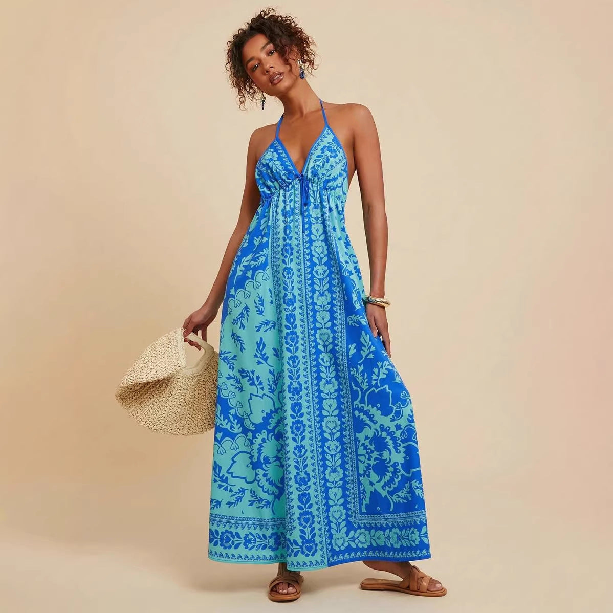Summer V neck Backless Sexy Positioning Printed Burnt Floral Dress