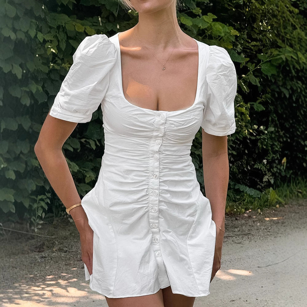 Cotton White U Collar High Waist Puff Sleeve Dress Summer Short Dress Women