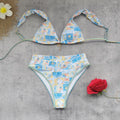Vintage Floral Print High Waist Lace up Backless Bikini Set