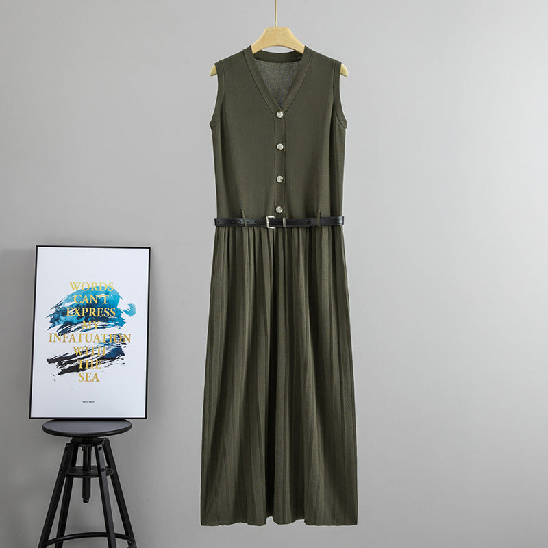 Summer Wear French Sleeveless Knitted Vest Pleated Elegant Dress Belt Cinched Slimming Maxi Dress Women