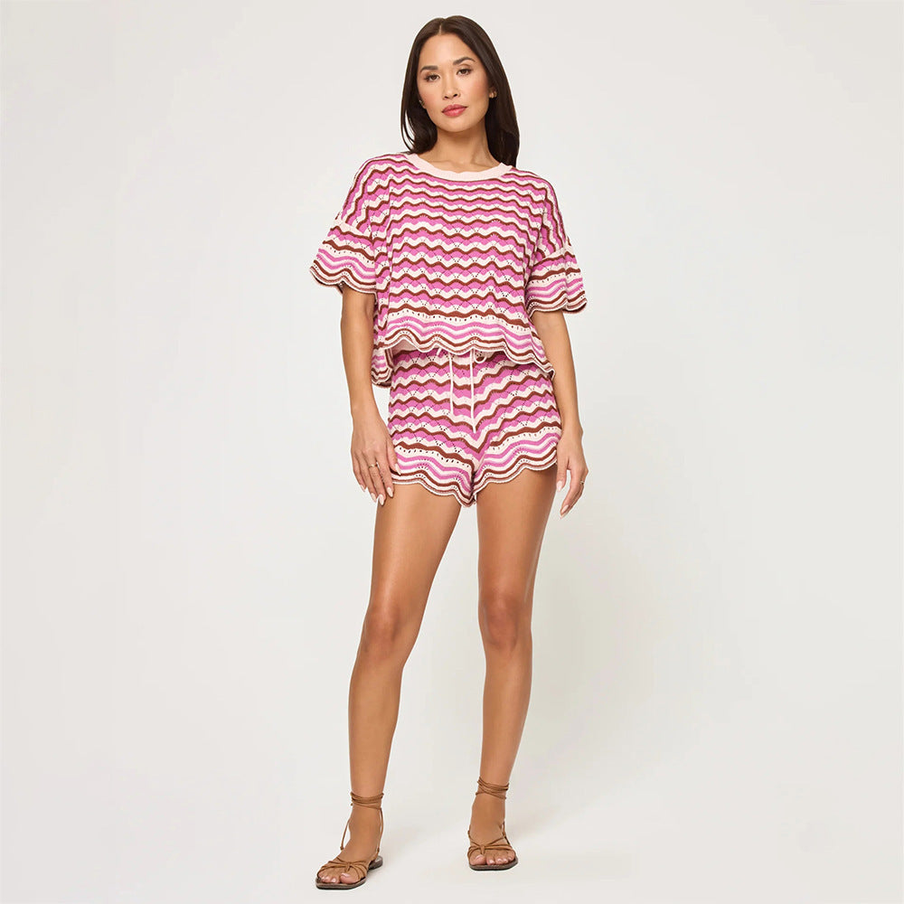Boho Wavy Stripe Knit Beach Two Piece Set in Pink Brown and Cream