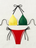 Color Block Halter Bikini Set in Yellow, Green, Red, and Black