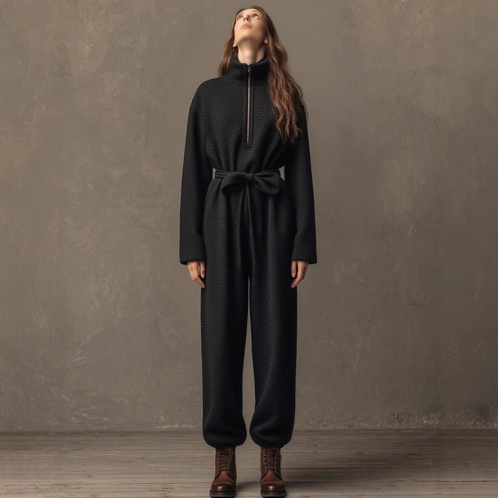 Autumn Winter Casual Zipper Stand Collar Drawstring Lace up Waist Controlled Slimming Sports One Piece Trousers