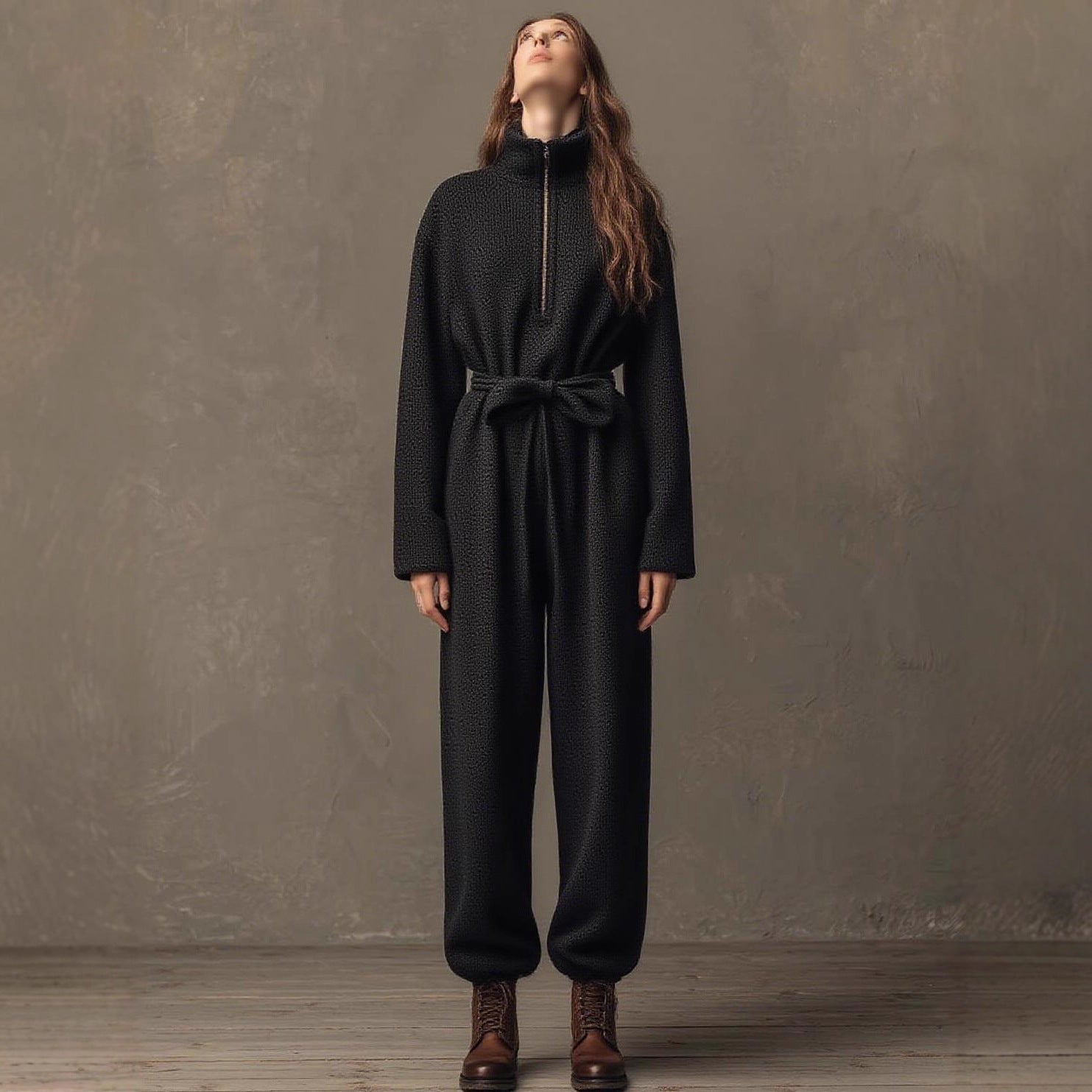 Autumn Winter Casual Zipper Stand Collar Drawstring Lace up Waist Controlled Slimming Sports One Piece Trousers