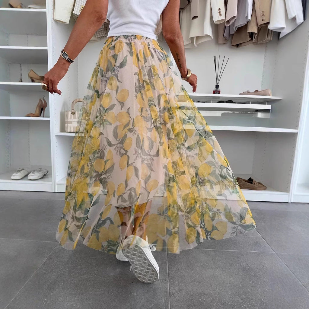 Lemon Print Mesh Oversized Swing Skirt - Vacation Maxi Skirt