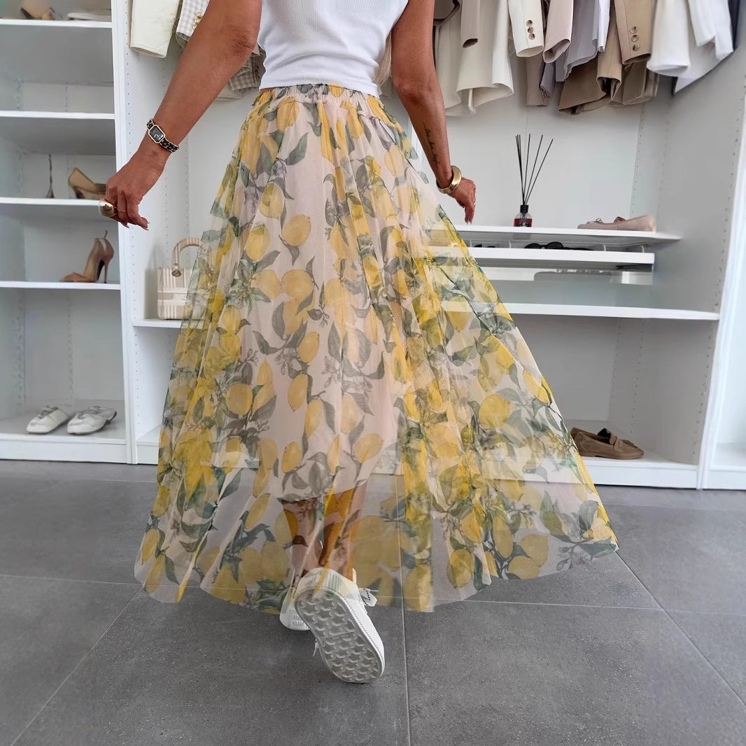 Lemon Print Mesh Oversized Swing Skirt - Vacation Maxi Skirt