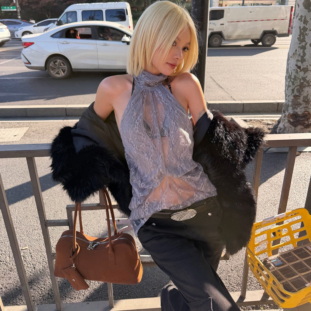 Women Clothing Summer Fashionable Chic High Neck Lace See Through Sleeveless Backless Irregular Asymmetric Top