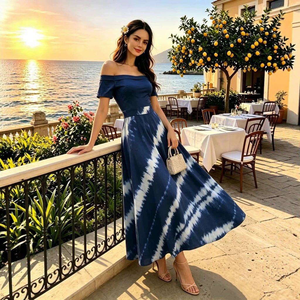 Printed Spring Summer off Shoulder Elegant Short Sleeve Slim Women Dress