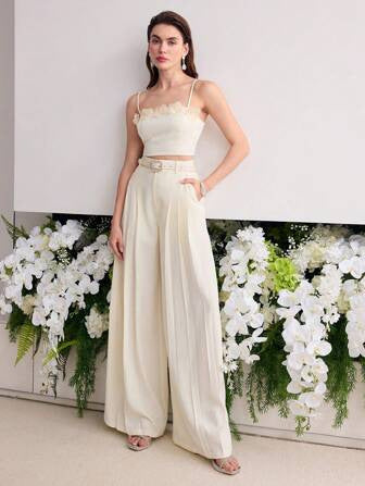 White Slim Fit Rhinestone Crop Top & Wide Leg Pant Set - Image 2