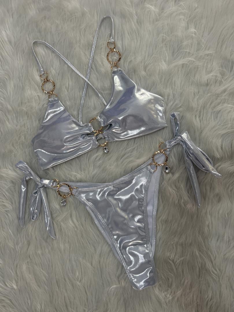 Glamorous Rhinestone Cutout Halter Bikini Set - Vacation Swimwear