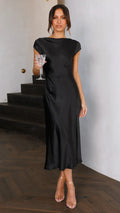 Summer Women Solid Color Swing Collar Back Twist Hollow Out Cutout Short Sleeve Mid Length Dress
