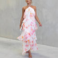 Spring Summer Chiffon Printed Lace up Dress Multi Layer Holiday Dress